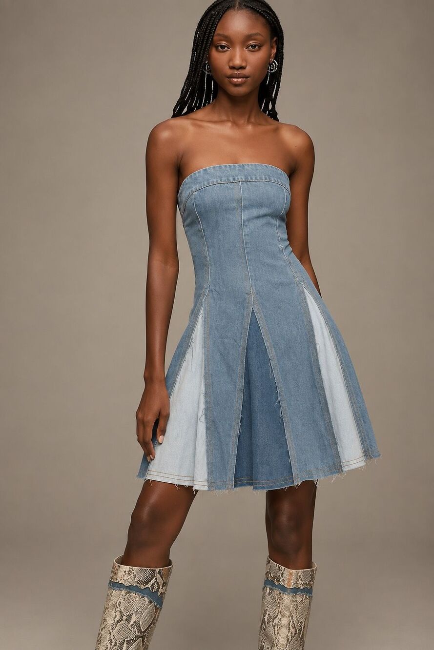 NWOT Anthropologie Pilcro Strapless Seamed Denim Mini Dress Size Small Flawed